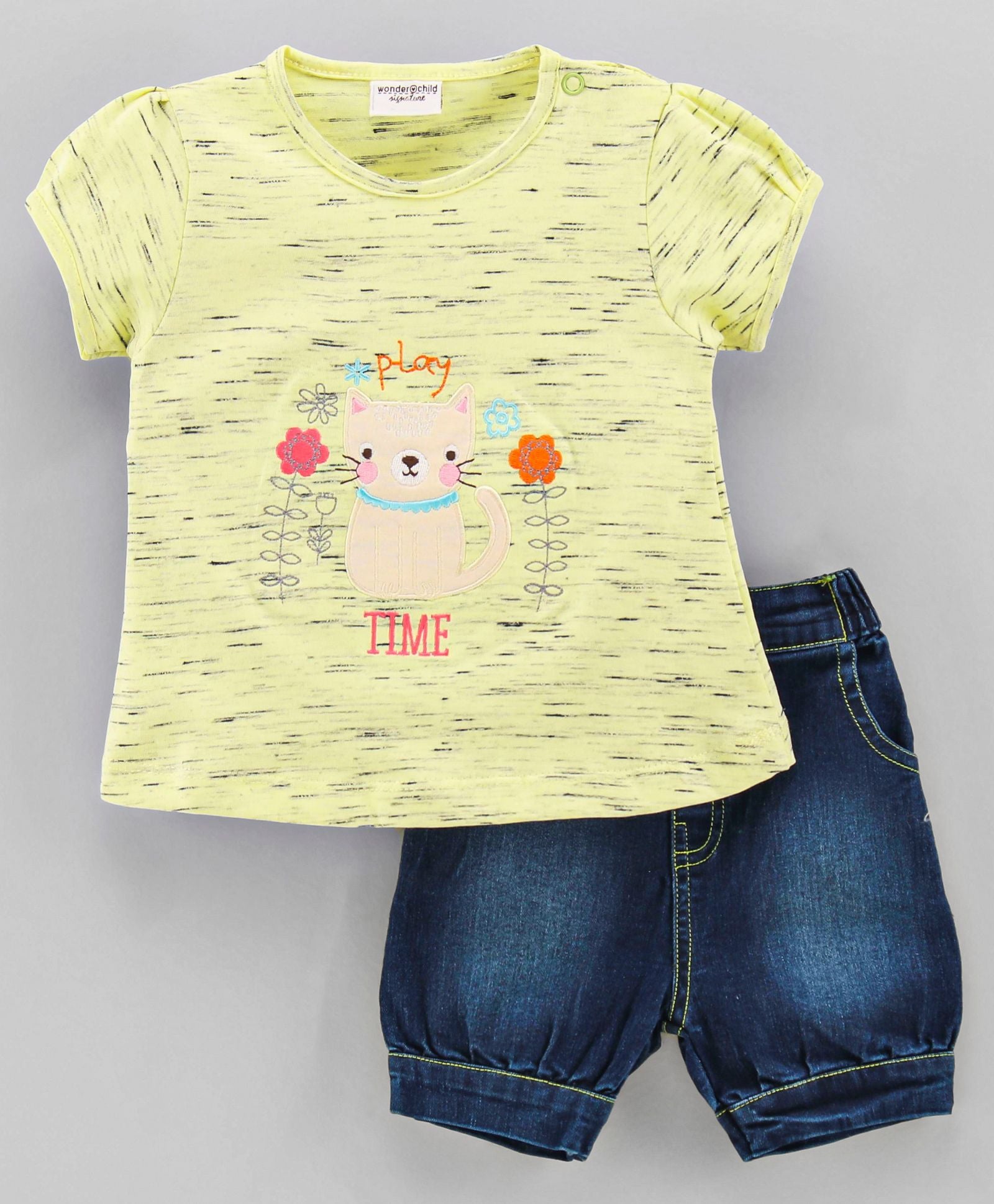 Girls Tshirt Shorts Set Yellow Dog