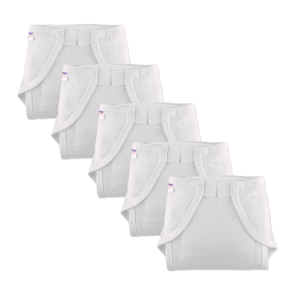 Welcro Cotton Nappies / Langot - White - Pack of 5