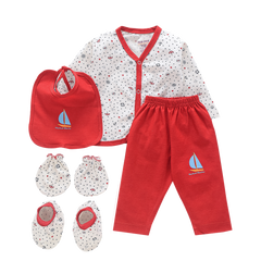 Products 5 Pcs infant gift set, full sleeves front open vest, diaper pajama, bib, mitten, bootie, Red