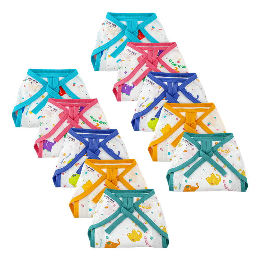 Tie up Cotton Nappies / Langot - Elephant Print - Pack of 10