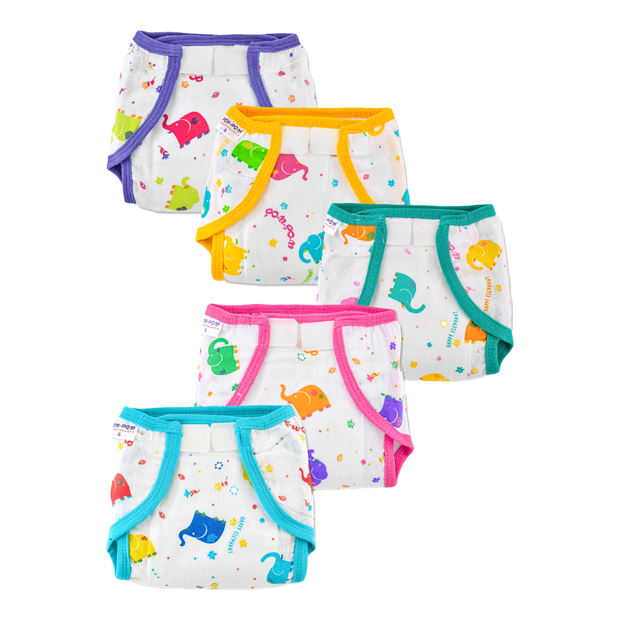 Welcro Cotton Nappies / Langot - Elephant Print - Pack of 5